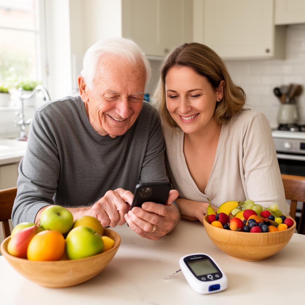 Pessoa idosa e cuidadora usando o app Diabetes 360 dias