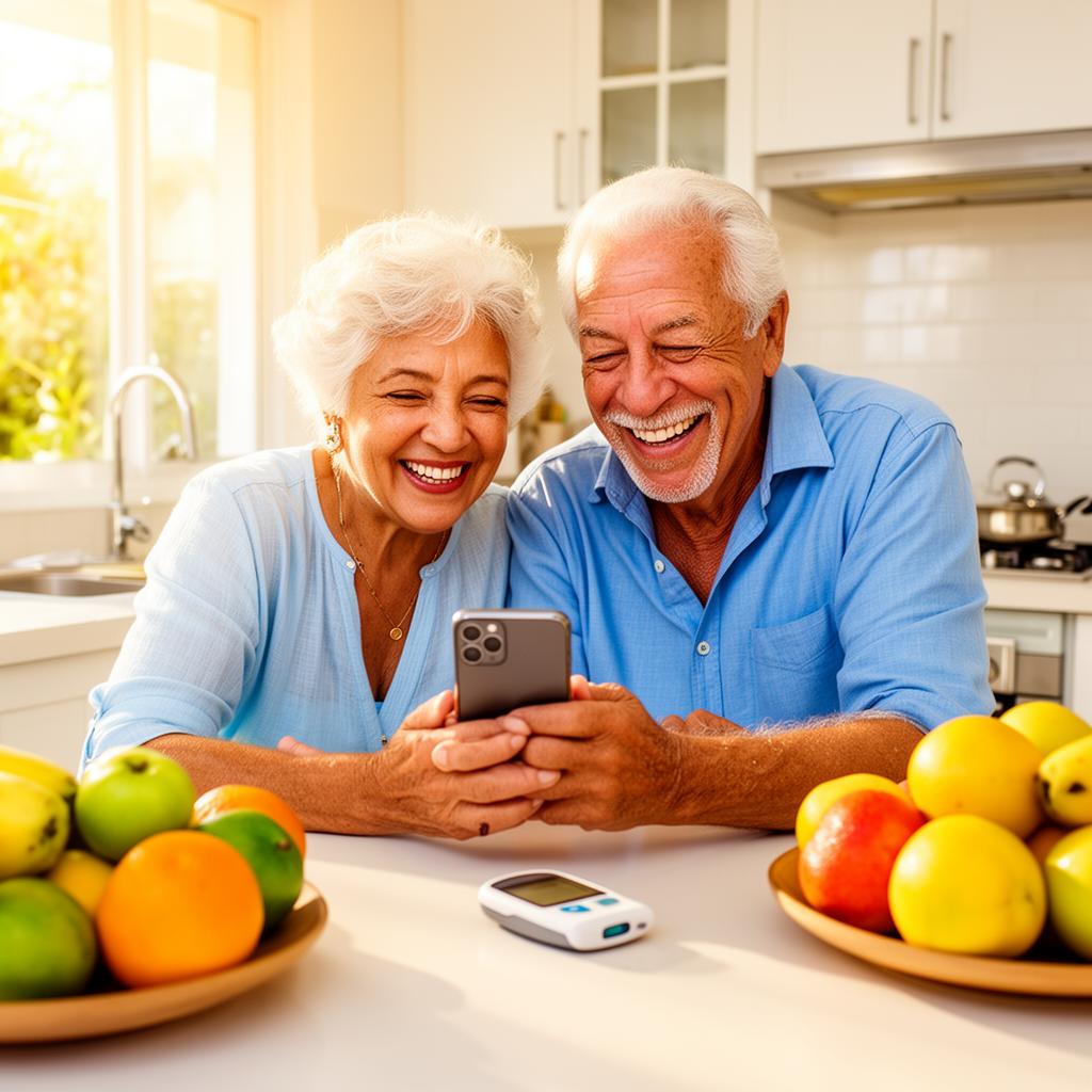 Casal idoso sorrindo usando o app Diabetes 360 dias na cozinha